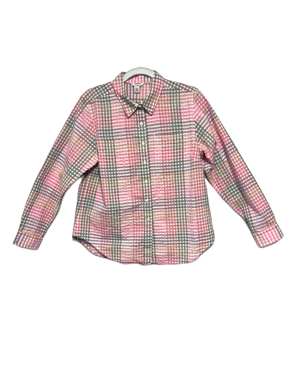 L.L. Bean Women’s Vacationland Seersucker Pink Green Plaid Button-Up Blouse